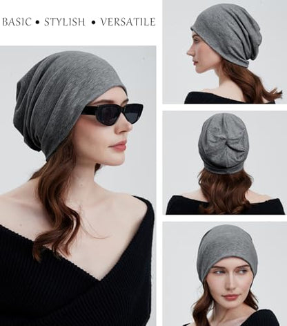 Slouchy Beanie for Women Men Thin Knit Winter Hat 93% Cotton Beanies - color: Dark Grey