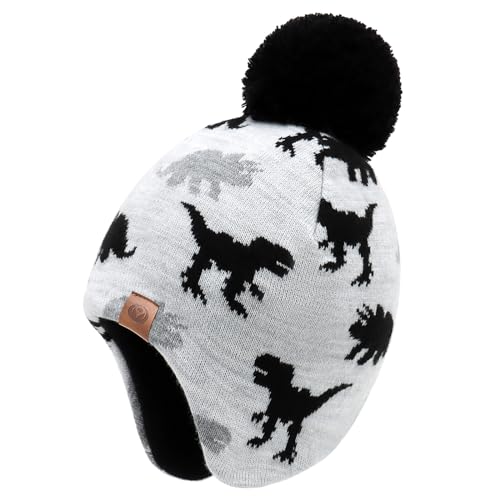 Duoyeree Kids Beanie Dinosaur Pom Pom Knit Winter Hat Fleece Lined for 1-7T - color: White Grey, size: 2-4T