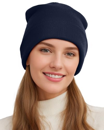 Womens Satin Lined Beanie Wool Silk Lining Slouchy Warm Skull Cap - color: 1pcs- Navy Blue