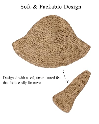 Womens Crochet Straw Sun Hat Foldable Floppy Wide Brim Beach Hat for Summer - color: Khaki