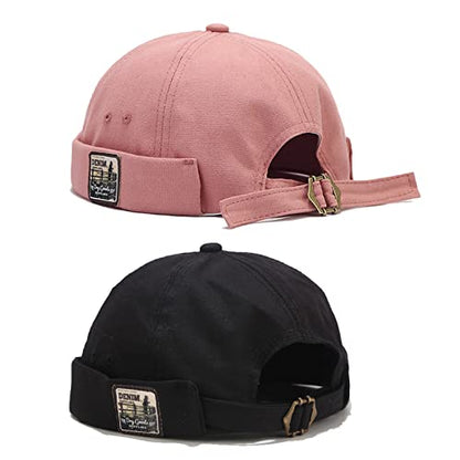 Mens Cotton Brimless Skullcap Sailor Cap Rolled Cuff Retro Beanie Hat - color: Pink,black, size: One Size