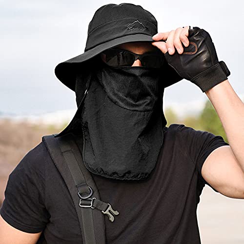Fishing Hat for Men & Women, Sun Protection Hat with Face Cover & Neck Flap - color: Black