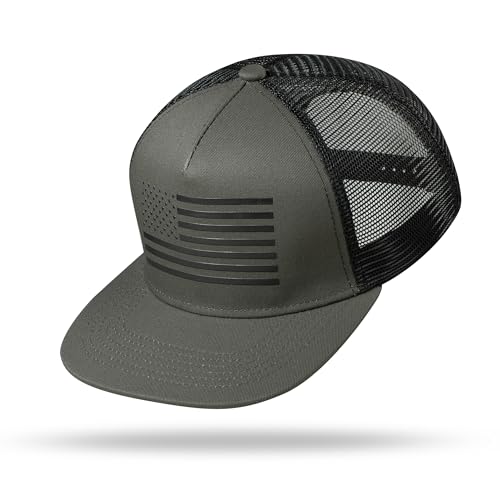 UALON Baseball Cap, Snapback Trucker Hat for Men & Women with American Flag and Adjustable, Breathable Mesh, Flat Bill Hats - color: Olive/Black