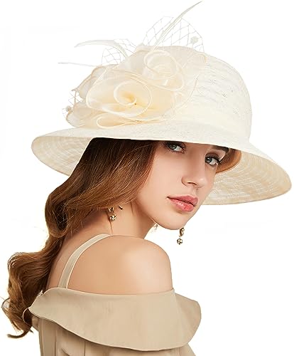 Women's Kentucky Derby Church Dress Hat Wide Brim Leaf Flower Bridal Shower Hat - color: R5 Beige
