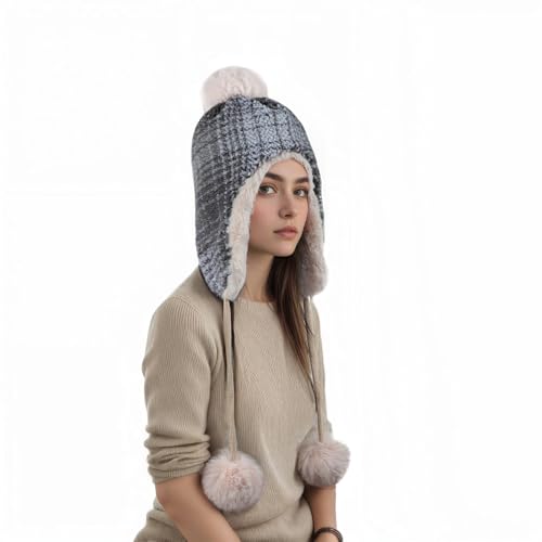 Women Winter Pompom Beanie Hat Fleece Lined Earflap Snow Ski Cap Sherpa Crochet Ushanka Skull Cap Outdoors Ear Cover - color: Gray