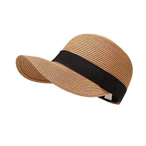 Summer Visor Hats for Women Foldable Floppy Solid Color Straw Sun Hat Travel Beach Baseball Cap - color: Khaki