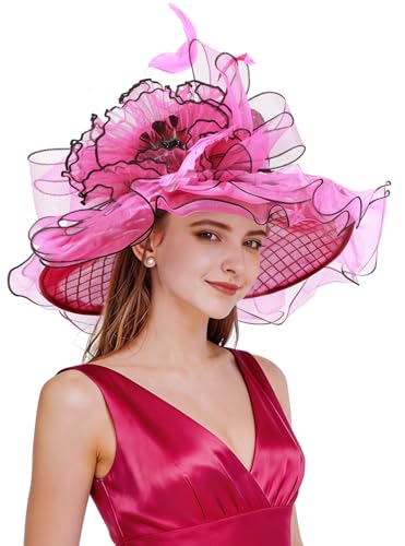 Z&X Women Organza Church Derby Hat Wide Brim Sun Hats for Wedding Tea Party Fascinator Hat, Dual-use - color: 021 Rose Red