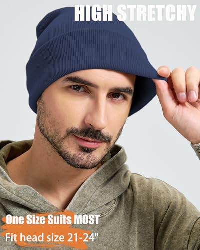 100% Cotton Beanie Lengthen Cuffed Beanies Knit Winter Hats Unisex - color: 1-navy Blue