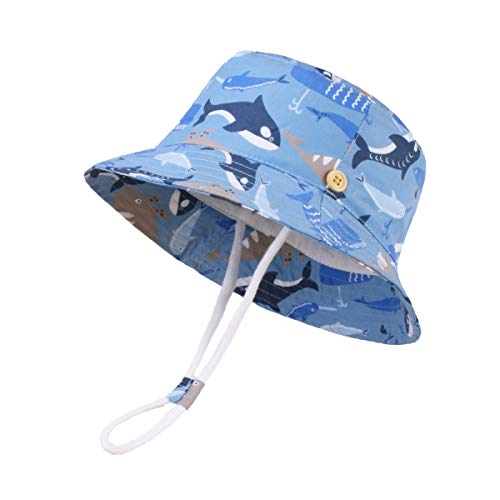 LANGZHEN Sun Protection Hat for Kids Toddler Boys Girls Wide Brim Summer Outdoor hat Cotton Baby Bucket Hat with Chin Strap - color: Fish School, size: 1-2T
