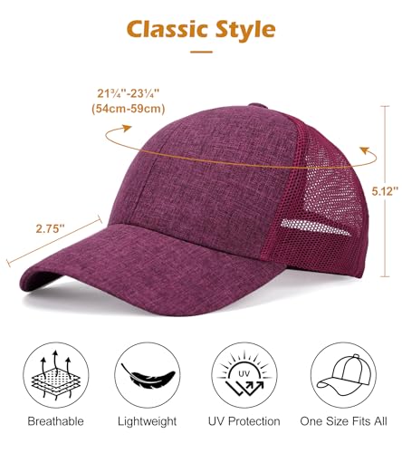 Blank Mesh Back Trucker Hat for Men and Women, Unisex Adjustable Snapback Baseball Cap, Adult Plain Classics Retro Hat - color: Wine