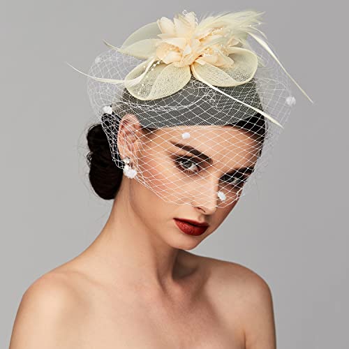 Tea Party Hat Fascinators Hats for Women Vintage Lace Mesh Floral Feather Hair Clip Headband with Veil for Church Wedding - color: Beige