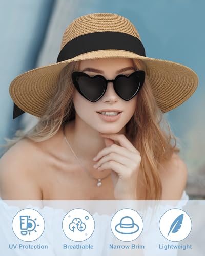 Sun Straw Hats for Women, Wide Brim Summer Beach Hat - color: Khaki, size: Large