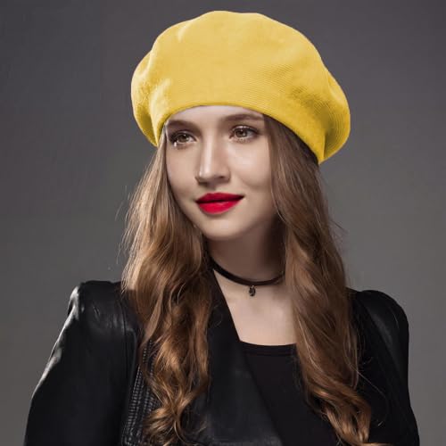 Sumolux Women Beret Hat French Beret Beanie Cap Classic Solid Color - color: Yellow, size: One Size