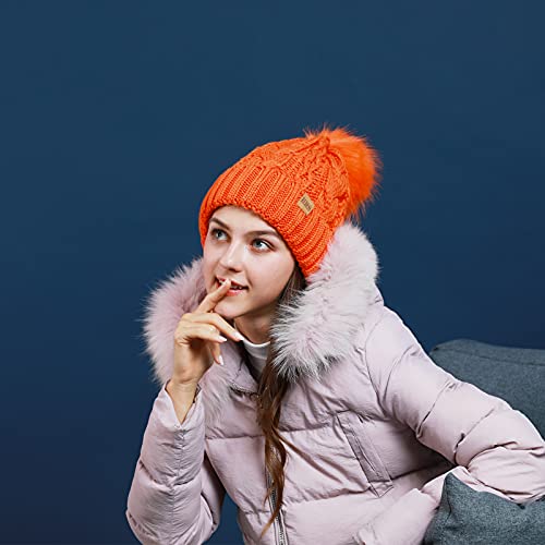 REDESS Women Winter Pompom Beanie Hat with Warm Fleece Lined Thick Slouchy Snow Knit Hat Skull Ski Cap - color: Orange