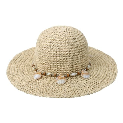 Womens Straw Sun Hat Wide Brim Summer Beach Hat with Beaded Trim Summer Foldable Floppy Hat for Travel Vacation UV Protection - color: Beige 2