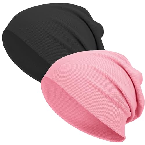 vidsel Slouchy Beanie Hats for Women & Men Cotton Knit Cuffed Skull Cap - color: 2-black,pink