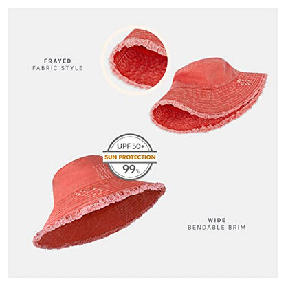 CHOK.LIDS Frayed Bucket Hat Washed Cotton Floppy Wide Brim Boonie Cap - color: Scarlet
