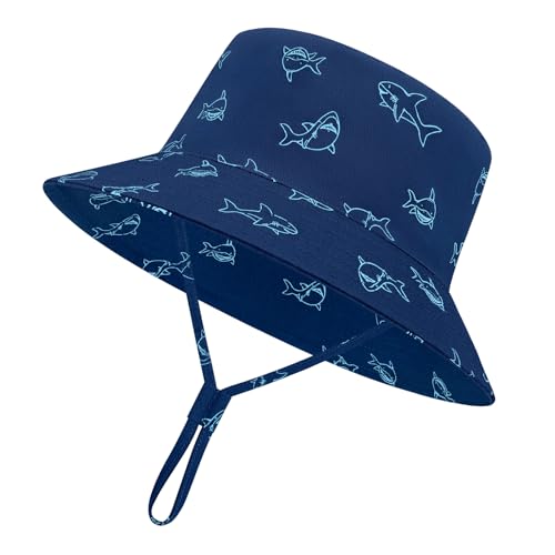 Sarfel Baby Sun Hat Toddler Sun Hat UPF 50+ Baby Bucket Hats Infant Toddler Beach Essentials Kids Summer Hats Boys Girls Cap - color: Navy Sharks, size: 6-12 Months