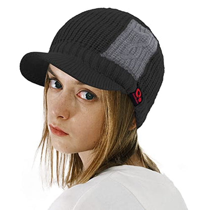 Women's Contrast Patch Visor Beanie Winter Knit Hat with Birim Fleece Lining Baseball Cap - color: Black