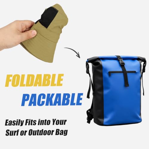 Surblue Surf Bucket Hat with Widened Chin Straps UPF 50+ Windproof Sun Hat Adjustable Packable Cap for Water Sports Surfing - color: Khaki