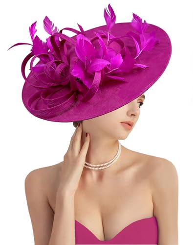 dressfan Fascinator Hats for Women,Linen Vintage Feather Headwear for Derby/Church/Wedding/Cocktail/Tea Party - color: Fushia