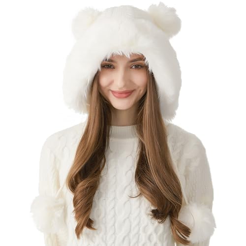HUAMULAN Women Winter Sherpa Knit Beanie Hats with Pom Poms Ear Flaps - color: M2754-naibai