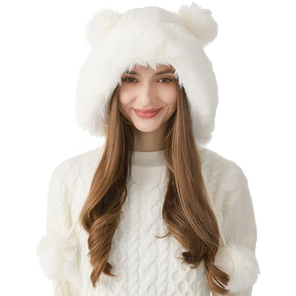 HUAMULAN Women Winter Sherpa Knit Beanie Hats with Pom Poms Ear Flaps - color: M2754-naibai