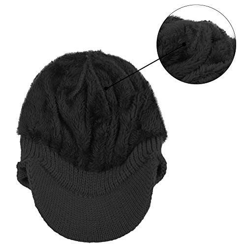 Original One Winter Ear Flap Visor Beanie Lining Hat with Billed Knit Brimmed Cap - color: Black