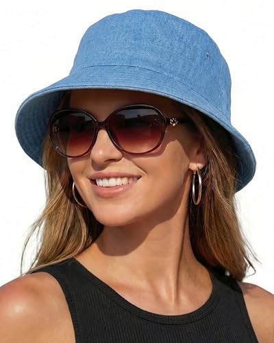HONGTEYA Bucket Sun Hats for Woman Men Cotton Summer Beach Hat Golf Fishing - color: Blue Jean, size: Medium