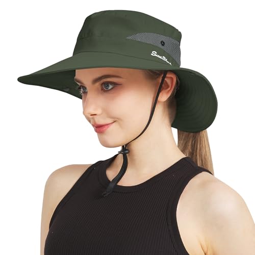NPJY Ponytail Sun Hats for Women Men Wide Brim UPF Fishing Bucket Hat - color: Green(ponytail Hole)