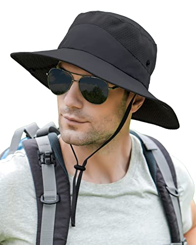 Mens Sun Hat Wide Brim Breathable Mesh UPF 50+ Waterproof Fishing Hat Safari Hat Foldable Boonie Cap - color: Black