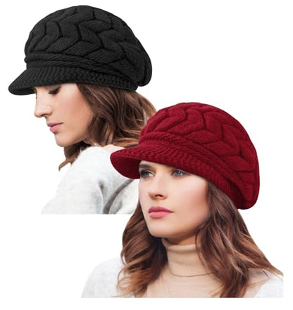 YSense 2 Pack Womens Winter Hats Warm Knit Beanie with Visor - color: Black Wine Red