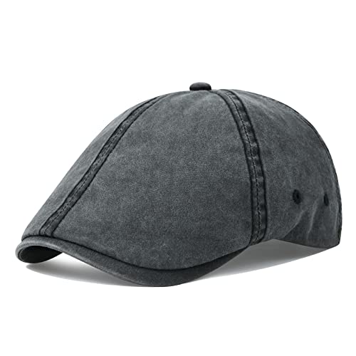 VOBOOM Cotton Washing Flat Cap Cabbie Hat Gatsby Ivy Irish Hunting Newsboy - color: Washed Black