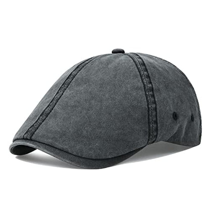 VOBOOM Cotton Washing Flat Cap Cabbie Hat Gatsby Ivy Irish Hunting Newsboy - color: Washed Black