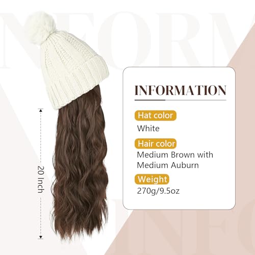Flufymooz FLmaozi Beanie Wig, Hat Hair Extension Long Wavy White Hat Wig with Faux Fur Pom, Attached 20 Inch Synthetic Hairpiece for Women Girls Winter（Medium Brown with Medium Auburn） - color: White Hat-medium Brown With Medium Auburn, size: 20 Inch