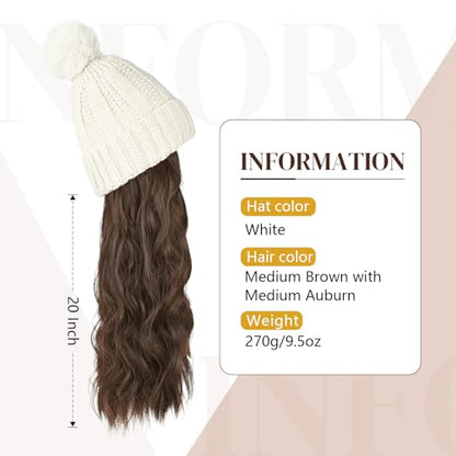Flufymooz FLmaozi Beanie Wig, Hat Hair Extension Long Wavy White Hat Wig with Faux Fur Pom, Attached 20 Inch Synthetic Hairpiece for Women Girls Winter（Medium Brown with Medium Auburn） - color: White Hat-medium Brown With Medium Auburn, size: 20 Inch