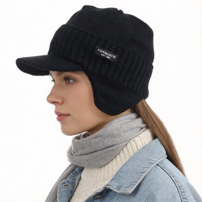 Ruphedy Mens Beanie with Brim Winter Hat Knitted Thick Fleece Visor Beanie - color: B323-black