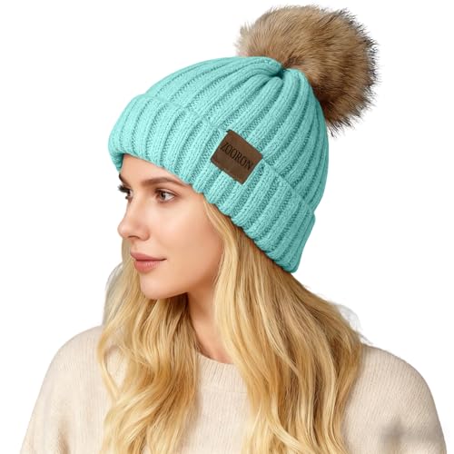 ZOORON Womens Winter Knitted Beanie Hat with Faux Fur Pom Beanie Warm Knit Skull Cap Beanie for Women - color: 1lake Blue