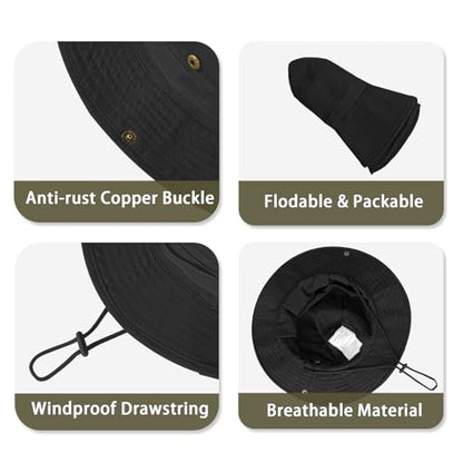 Sun Hats for Men Women Bucket Hat UPF 50+ Boonie Fishing Safari Hat - color: Black
