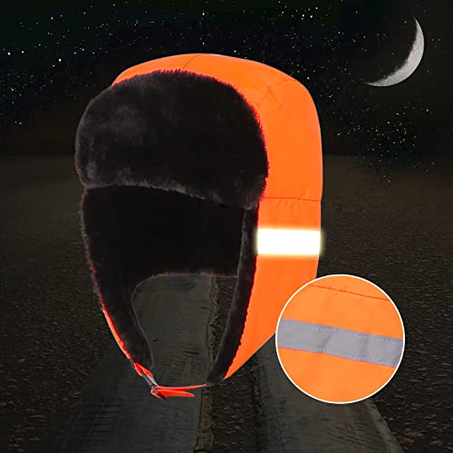 Men Reflective Trapper Hat Windproof Faux Fur Trooper Ushanka Hat Winter Warm Hunting Cap with Earflap - color: Orange