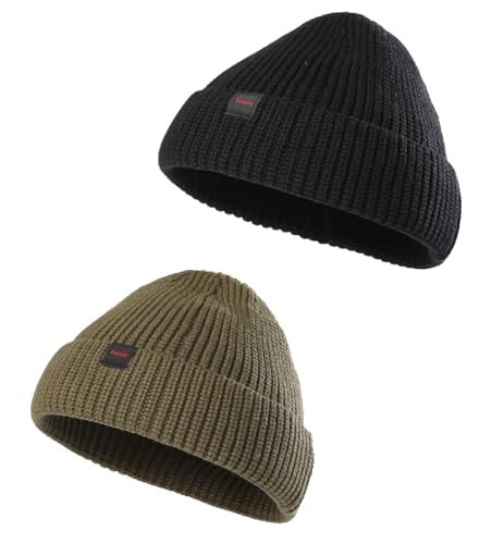 2 Pack Fisherman Beanie Hats for Men Women,Knit Trawler Skull Cap,Watch Cap,Spring Fall Winter Warm Short Hats - color: (Thick Stretchy) 2pcs:black+olive(m)