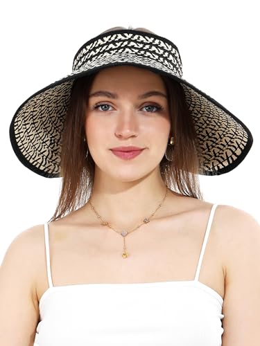 sy soul young Women's Straw Hat with Ponytail Hole Wide Brim Visor Sunhat - color: Beige & Coffee
