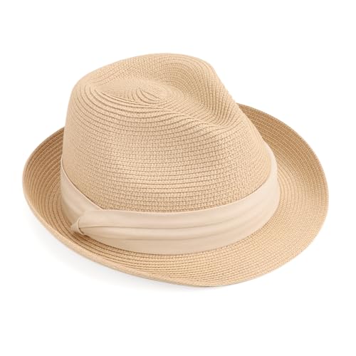 AQOKKA Summer Straw Fedora Hat for Women Men Travel Panama Hat with Wide Brim Roll Up Sun Hat for Beach Outdoor UPF 50+ - color: Fa Beige-beige