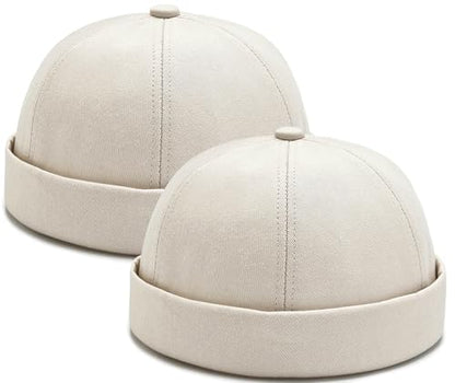 2 Pcs Mens Brimless Docker Cap Set - Retro Worker Sailor Skull Cap Beanie with Rolled Cuff - color: Beige