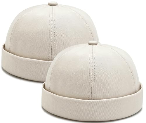 2 Pcs Mens Brimless Docker Cap Set - Retro Worker Sailor Skull Cap Beanie with Rolled Cuff - color: Beige