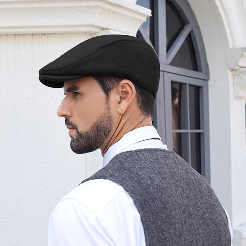 Men's Adjustable Newsboy Hat Classic Flat Gatsby Cabbie Ivy Cap for Golf Driving Winter - color: Black, size: Medium
