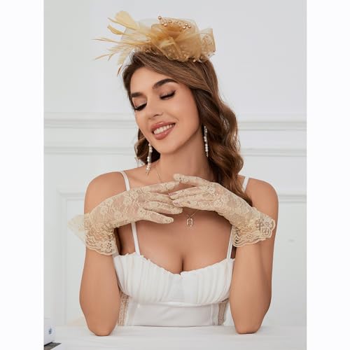 GurZinn Fascinator Hat Veil Feather Fascinator Tea Party Bridal Wedding Veil Pillbox Hat - color: C-gold Hat&gloves