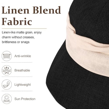 Babalet Women Summer Bucket Sun Hat Lightweight Beach Faux Linen Blend Bucket Hat Adjustable Foldable UV Protection Beach Cap - color: Solid Black / White Band