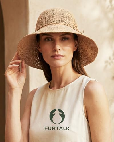 FURTALK Beach Sun Hat for Women Foldable Packable Handmade Straw Hats Sun Protection Floppy Travel Essentials - color: Khaki, size: Medium-Large