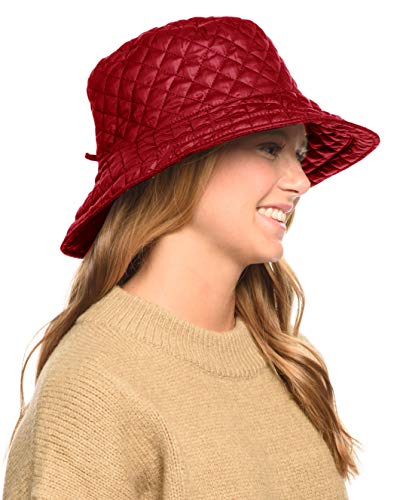 Foldable Water Repellent Quilted Rain Hat w/Adjustable Drawstring, Bucket Cap - color: Red